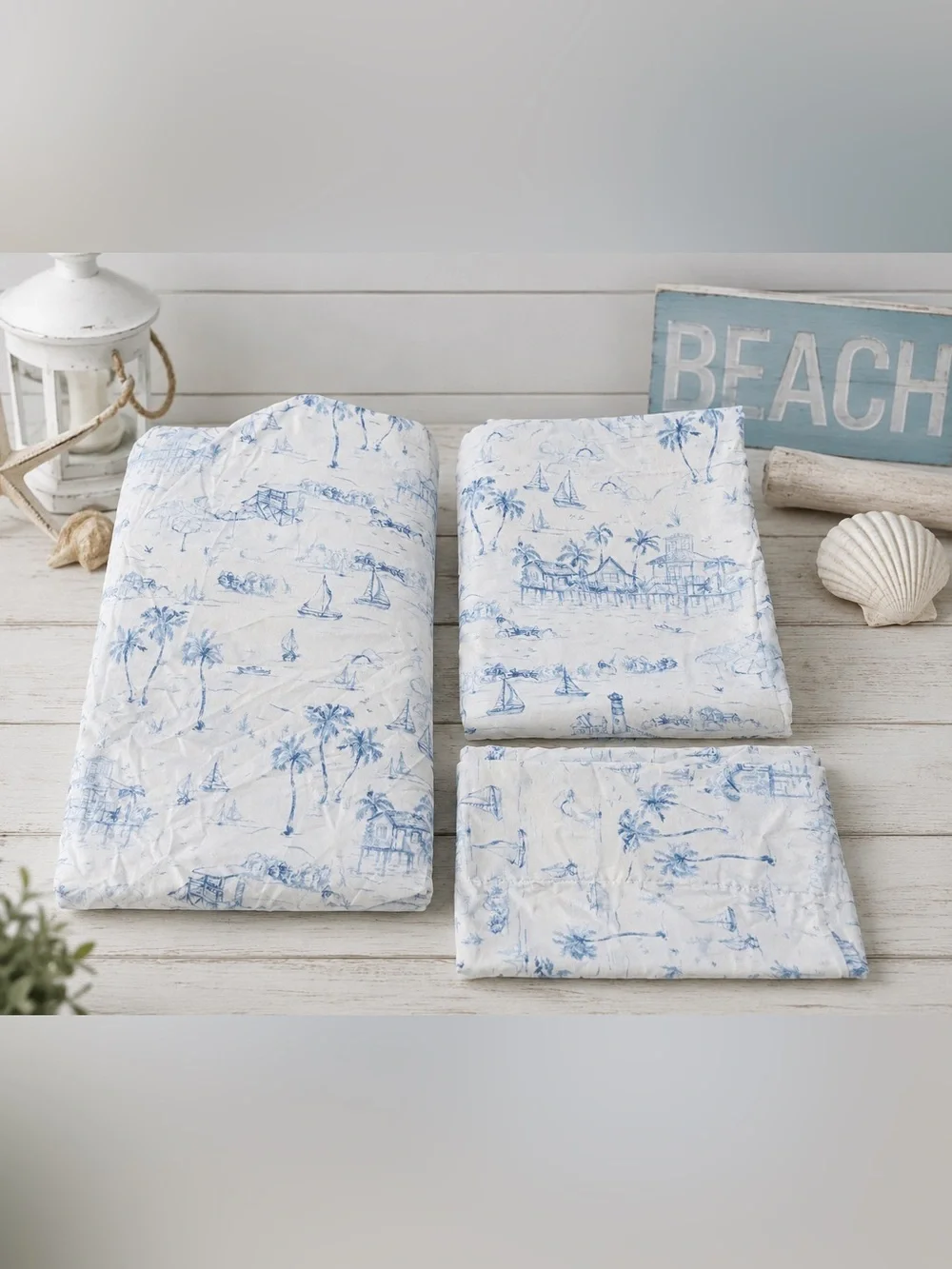 Coastal Twin Sheet Set Blue Beach Toile Palm /trees Sailboats 3 Pc Polyester